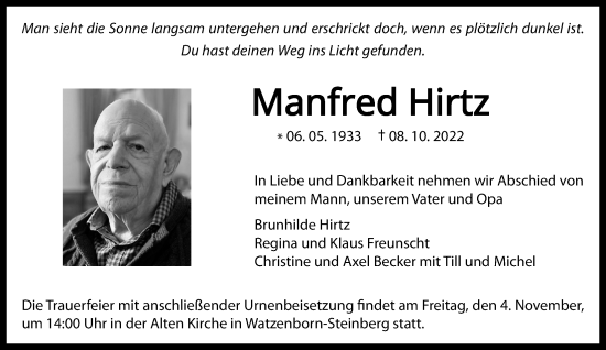 Traueranzeige von Manfred Hirtz von Giessener Allgemeine, Alsfelder Allgemeine