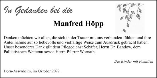 Traueranzeige von Manfred Höpp von Wetterauer Zeitung