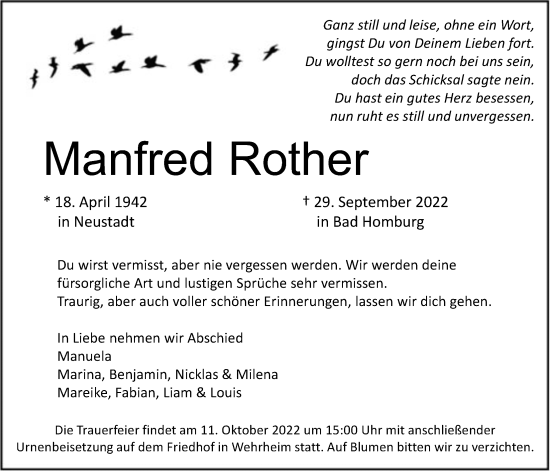 Traueranzeige von Manfred Rother 
