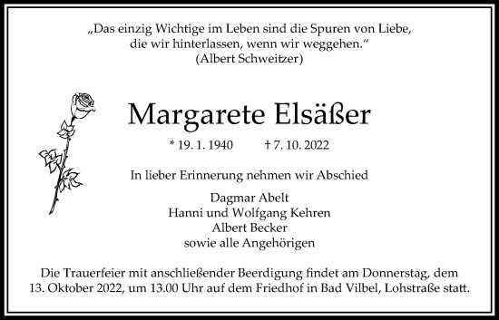 Traueranzeige von Margarete Elsäßer von Bad Vilbel/Karben
