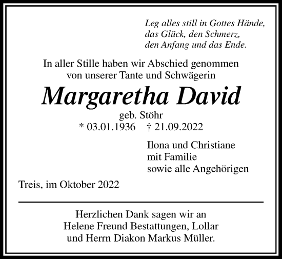 Traueranzeige von Margaretha David von Giessener Allgemeine, Alsfelder Allgemeine