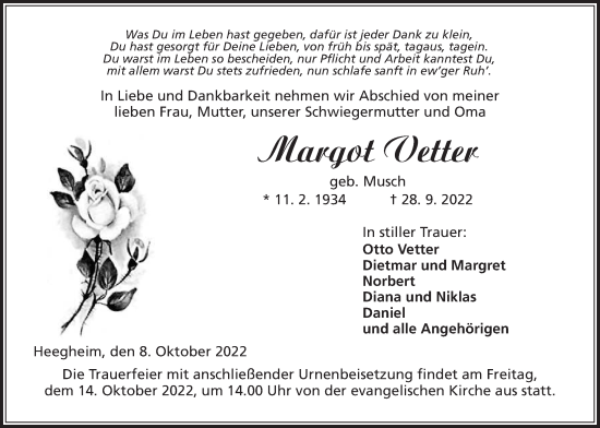 Traueranzeige von Margot Vetter von Kreis-Anzeiger