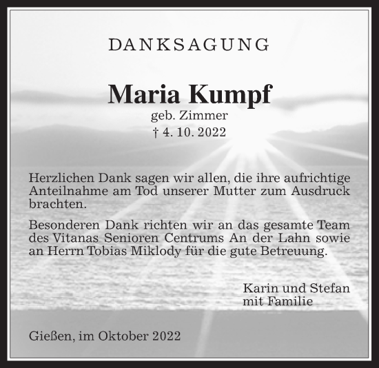 Traueranzeige von Maria Kumpf von Giessener Allgemeine, Alsfelder Allgemeine