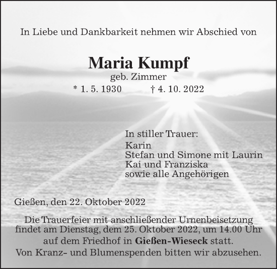 Traueranzeige von Maria Kumpf von Giessener Allgemeine, Alsfelder Allgemeine