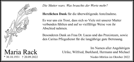 Traueranzeige von Maria Rack von Wetterauer Zeitung