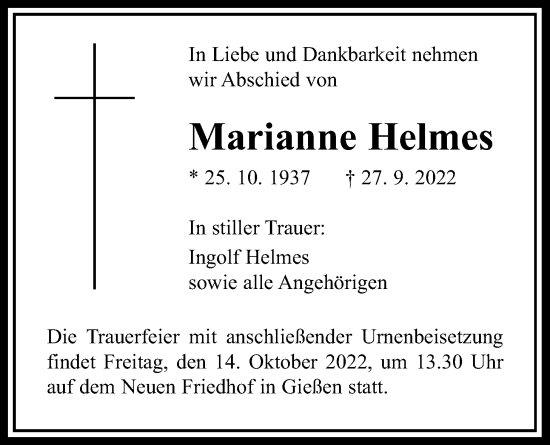 Traueranzeige von Marianne Helmes von Giessener Anzeiger, Giessener Allgemeine, Alsfelder Allgemeine