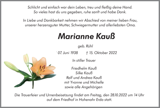 Traueranzeige von Marianne Kauß von Giessener Allgemeine, Alsfelder Allgemeine