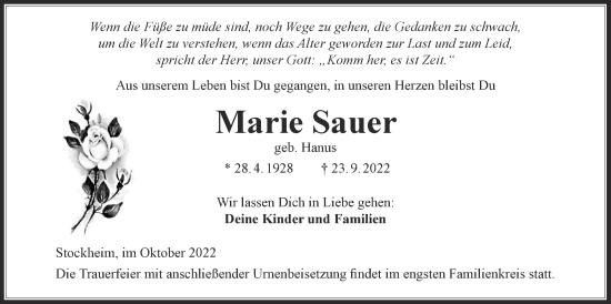 Traueranzeige von Marie Sauer von Kreis-Anzeiger