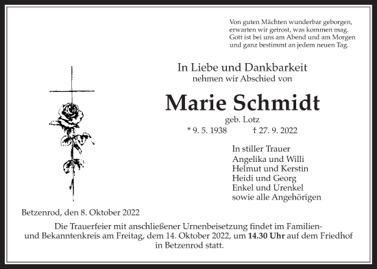 Traueranzeige von Marie Schmidt von Kreis-Anzeiger