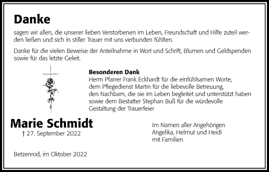 Traueranzeige von Marie Schmidt von Kreis-Anzeiger