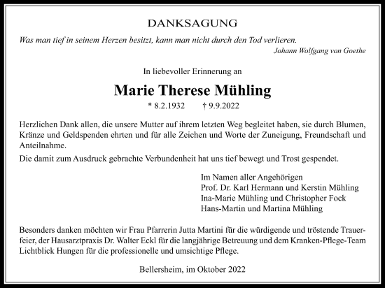 Traueranzeige von Marie Therese Mühling von Licher Wochenblatt