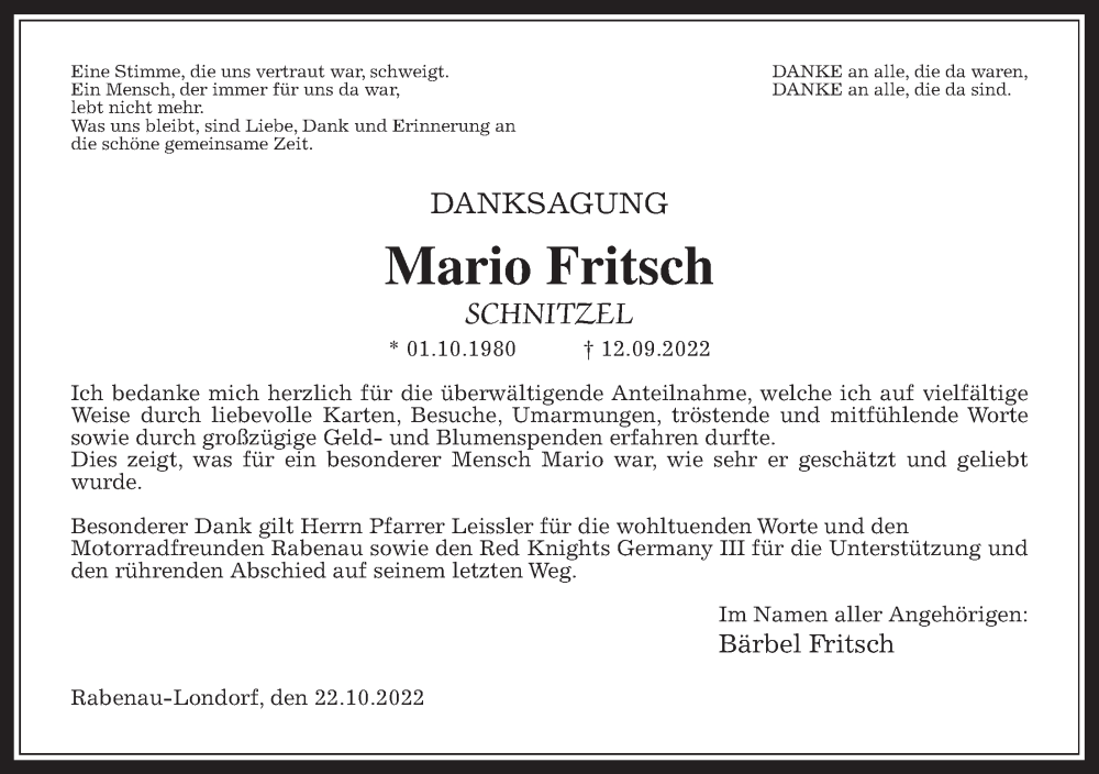  Traueranzeige für Mario Fritsch vom 22.10.2022 aus Giessener Allgemeine, Alsfelder Allgemeine