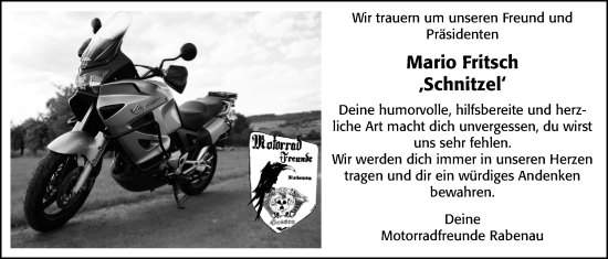 Traueranzeige von Mario Fritsch von Rabenauer Zeitung