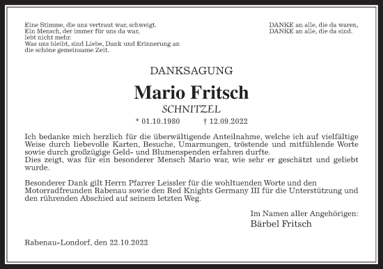 Traueranzeige von Mario Fritsch von Giessener Allgemeine, Alsfelder Allgemeine
