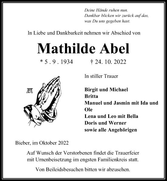 Traueranzeige von Mathilde Abel von Giessener Anzeiger
