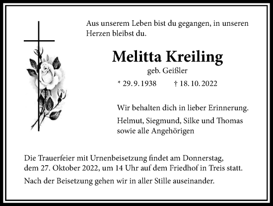 Traueranzeige von Melitta Kreiling von Giessener Anzeiger
