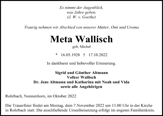 Traueranzeige von Meta Wallisch von Kreis-Anzeiger