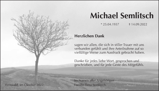 Traueranzeige von Michael Semlitsch von Giessener Allgemeine, Alsfelder Allgemeine, Giessener Anzeiger