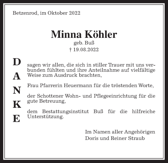 Traueranzeige von Minna Köhler von Kreis-Anzeiger