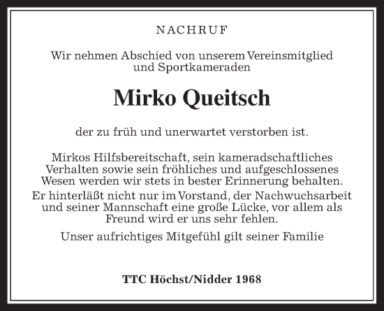 Traueranzeige von Mirko Queitsch von Kreis-Anzeiger, Wetterauer Zeitung