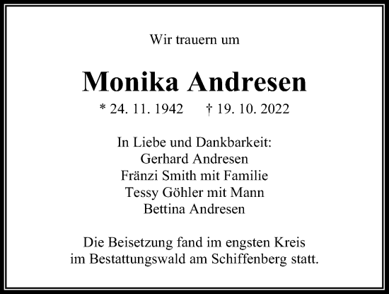 Traueranzeige von Monika Andresen von Giessener Allgemeine, Alsfelder Allgemeine