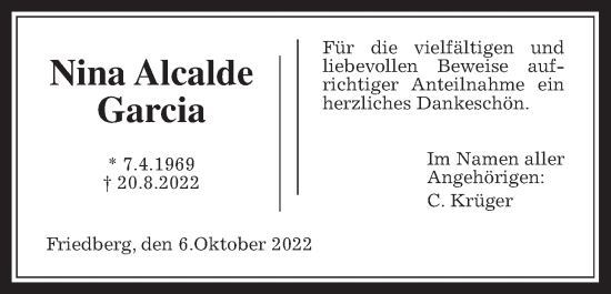 Traueranzeige von Nina Alcalde Garcia von Wetterauer Zeitung