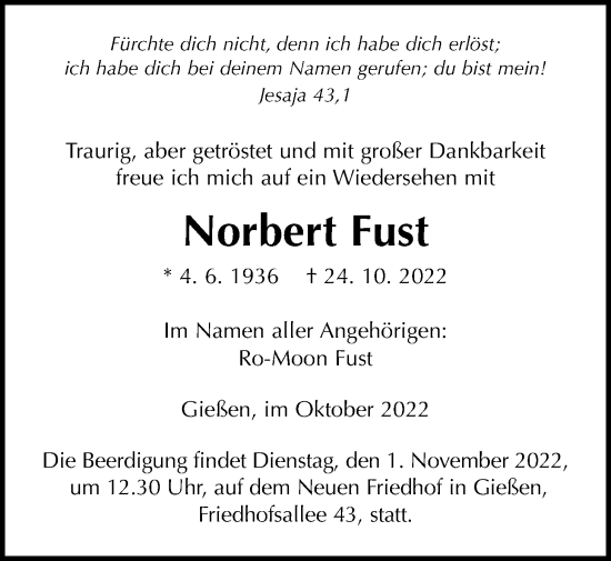 Traueranzeige von Norbert Fust von Giessener Allgemeine, Alsfelder Allgemeine, Giessener Anzeiger