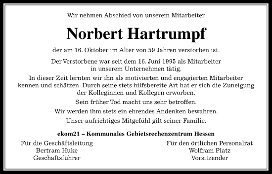 Traueranzeige von Norbert Hartrumpf von Giessener Allgemeine, Alsfelder Allgemeine, Giessener Anzeiger