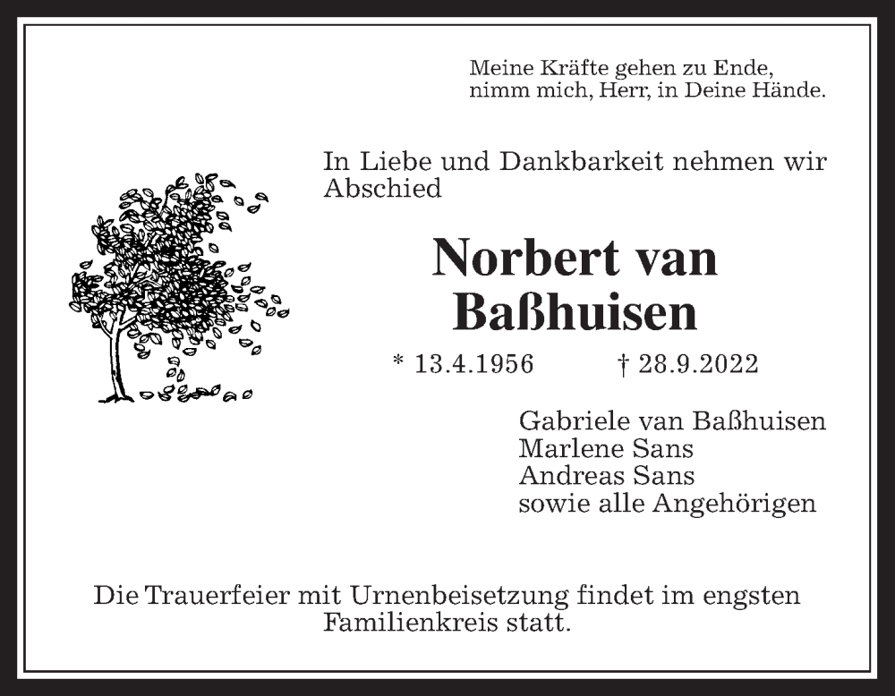  Traueranzeige für Norbert van Baßhuisen vom 01.10.2022 aus Wetterauer Zeitung