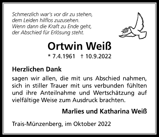 Traueranzeige von Ortwin Weiß von Licher Wochenblatt
