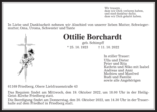 Traueranzeige von Ottilie Borchardt von Wetterauer Zeitung