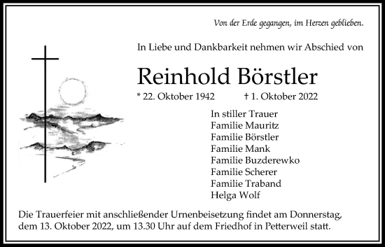 Traueranzeige von Reinhold Börstler von Bad Vilbel/Karben