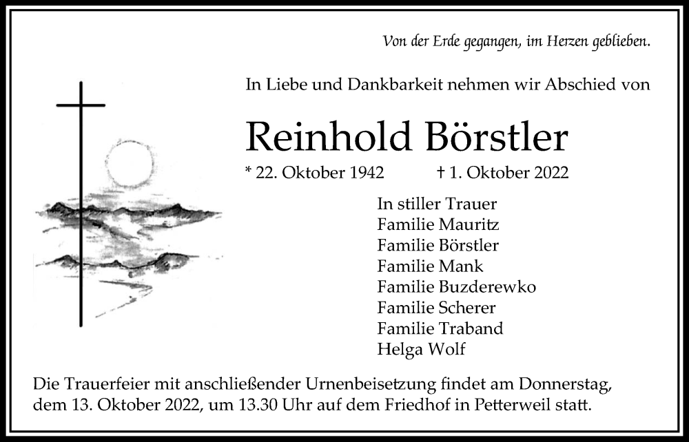  Traueranzeige für Reinhold Börstler vom 06.10.2022 aus Bad Vilbel/Karben