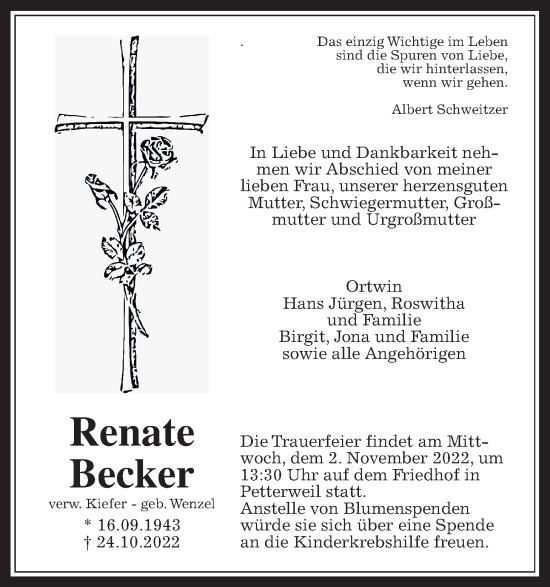 Traueranzeige von Renate Becker von Wetterauer Zeitung