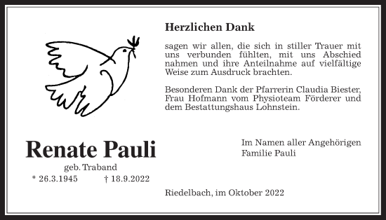 Traueranzeige von Renate Pauli 