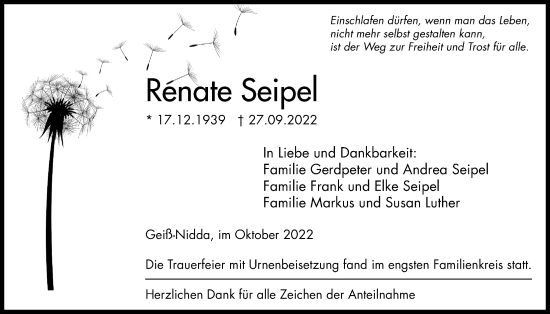 Traueranzeige von Renate Seipel von Kreis-Anzeiger
