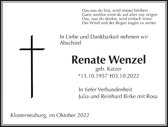 Traueranzeige von Renate Wenzel von Kreis-Anzeiger