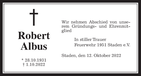 Traueranzeige von Robert Albus von Wetterauer Zeitung