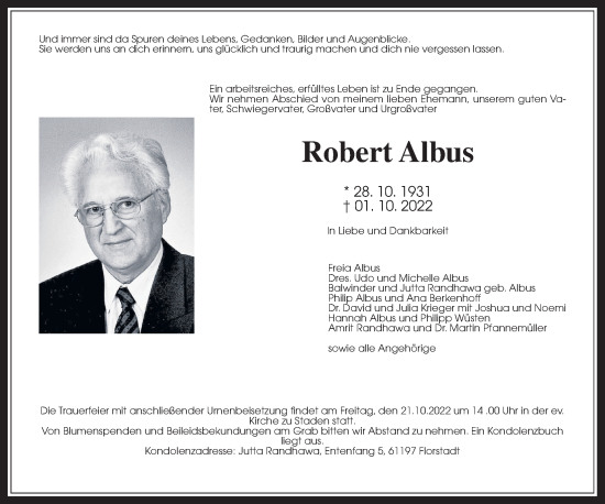 Traueranzeige von Robert Albus von Wetterauer Zeitung