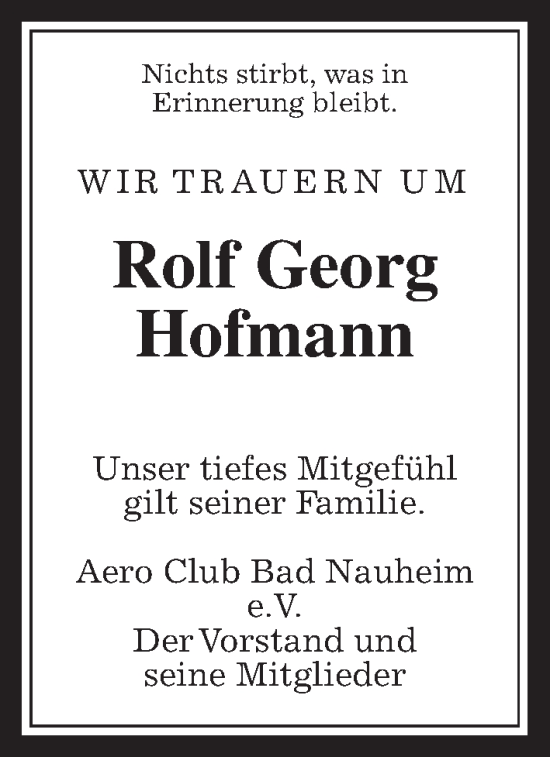 Traueranzeige von Rolf Georg Hofmann von Wetterauer Zeitung