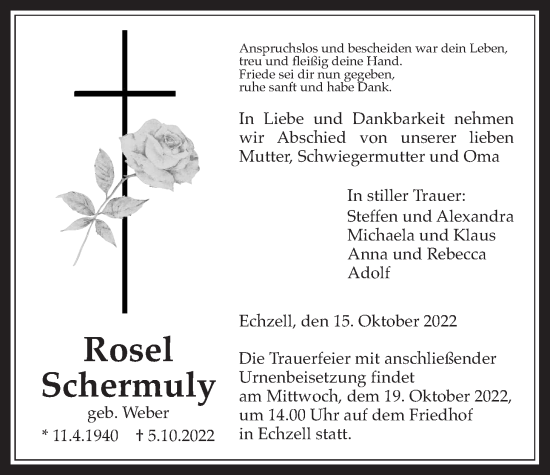 Traueranzeige von Rosel Schermuly von Wetterauer Zeitung