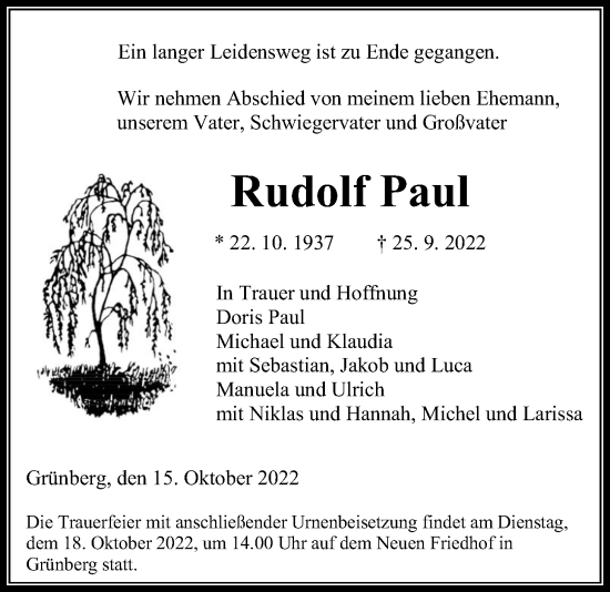 Traueranzeige von Rudolf Paul von Giessener Anzeiger, Giessener Allgemeine, Alsfelder Allgemeine