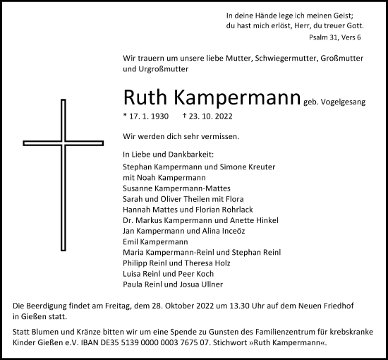 Traueranzeige von Ruth Kampermann von Giessener Allgemeine, Alsfelder Allgemeine, Giessener Anzeiger