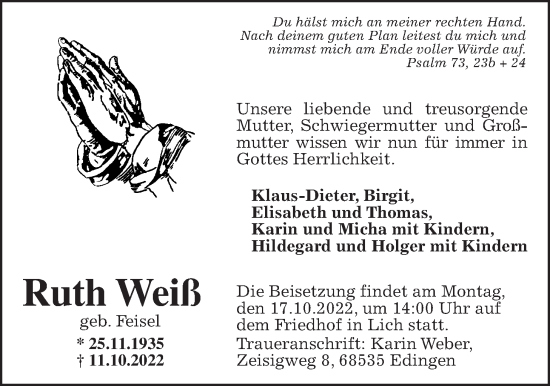 Traueranzeige von Ruth Weiß von Giessener Anzeiger