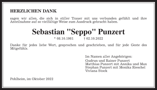 Traueranzeige von Sebastian Punzert von Pohlheimer Nachrichten