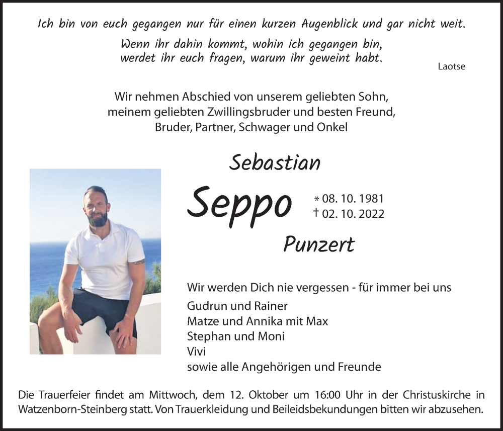  Traueranzeige für Sebastian Punzert vom 08.10.2022 aus Giessener Anzeiger, Giessener Allgemeine, Alsfelder Allgemeine