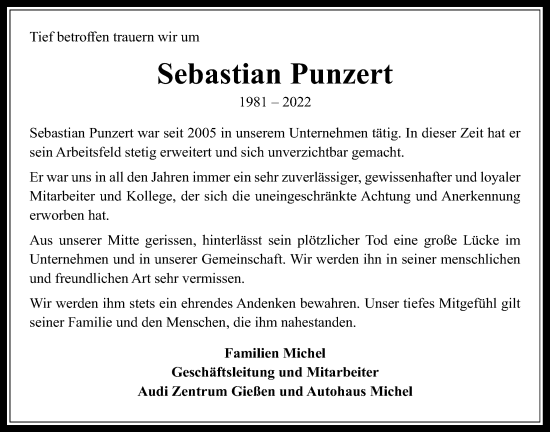 Traueranzeige von Sebastian Punzert von Giessener Anzeiger, Giessener Allgemeine, Alsfelder Allgemeine