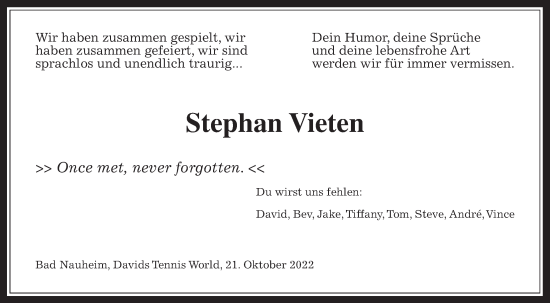 Traueranzeige von Stephan Vieten von Wetterauer Zeitung