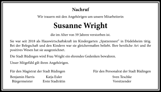 Traueranzeige von Susanne Wright von Kreis-Anzeiger