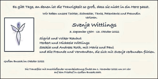 Traueranzeige von Svenja Wittlings von Giessener Allgemeine, Alsfelder Allgemeine